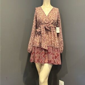 Japna Pink Ruffled Mini Dress with V-Neck Bishop Sleeves